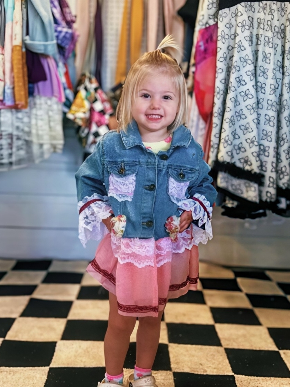 OOAK Upcycled Girls Denim & Lace Ruffle Jacket – Size 4/6T